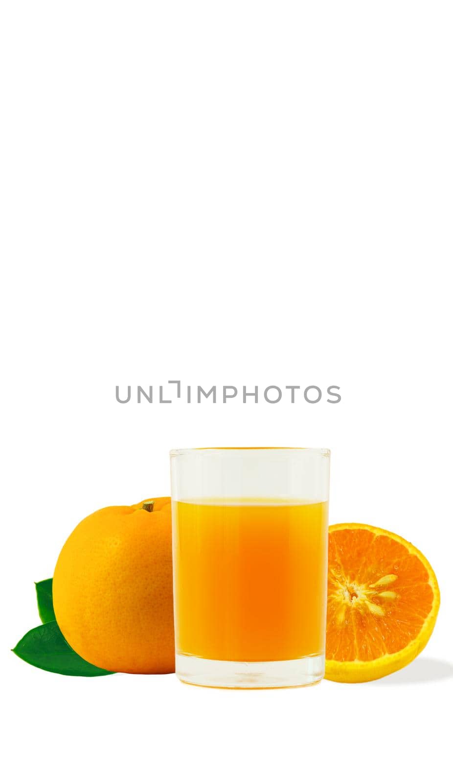 100% fresh-squeezed orange juice in a glass And citrus fruit split on white background. Concept of how to live with a naturally refreshing drink that contains vitamin C. by noppha80