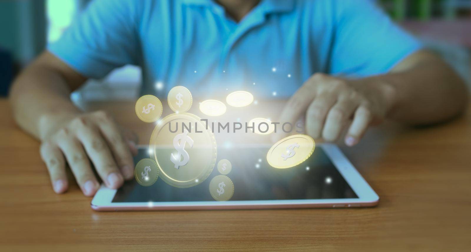 Abstract coin and hand of a businessman using a smartphone Business, finance, and investment inspiration ideas that target the success of trade and investment.