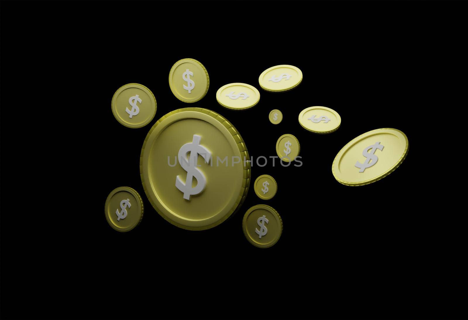 Abstract floating us dollar coin Black background isolated
Concept of currency analysis from economic fluctuations in export trade, global market valuation 3D rendering.