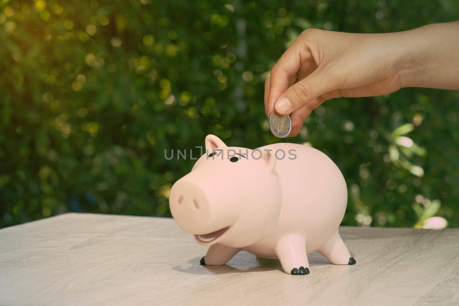 Abstract hand putting the coin in pig piggy bank on desk Ideas for earning a business income and saving for retirement planning. by noppha80