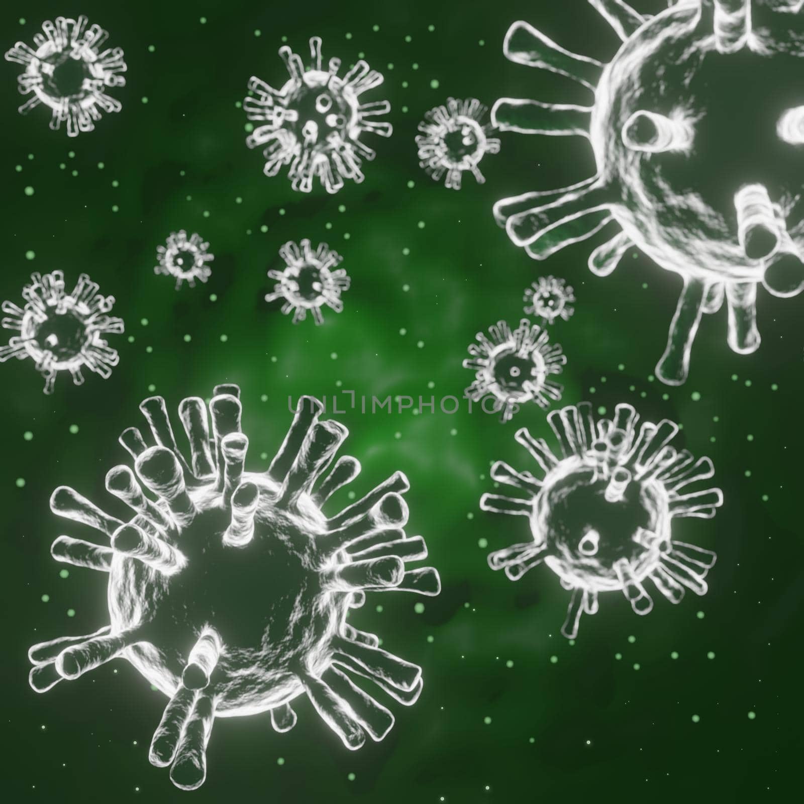 Abstract Corona Virus 19 Microscopic Particles Spreading research ideas for the coronavirus 2019 that is spreading heavily all over the world 3d rendering.