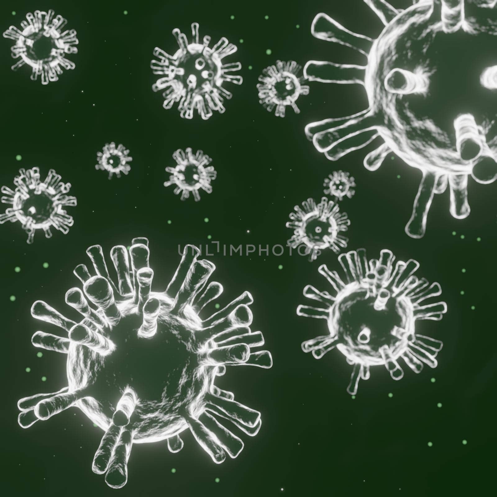 Abstract Corona Virus 19 Microscopic Particles Spreading research ideas for the coronavirus 2019 that is spreading heavily all over the world 3d rendering.