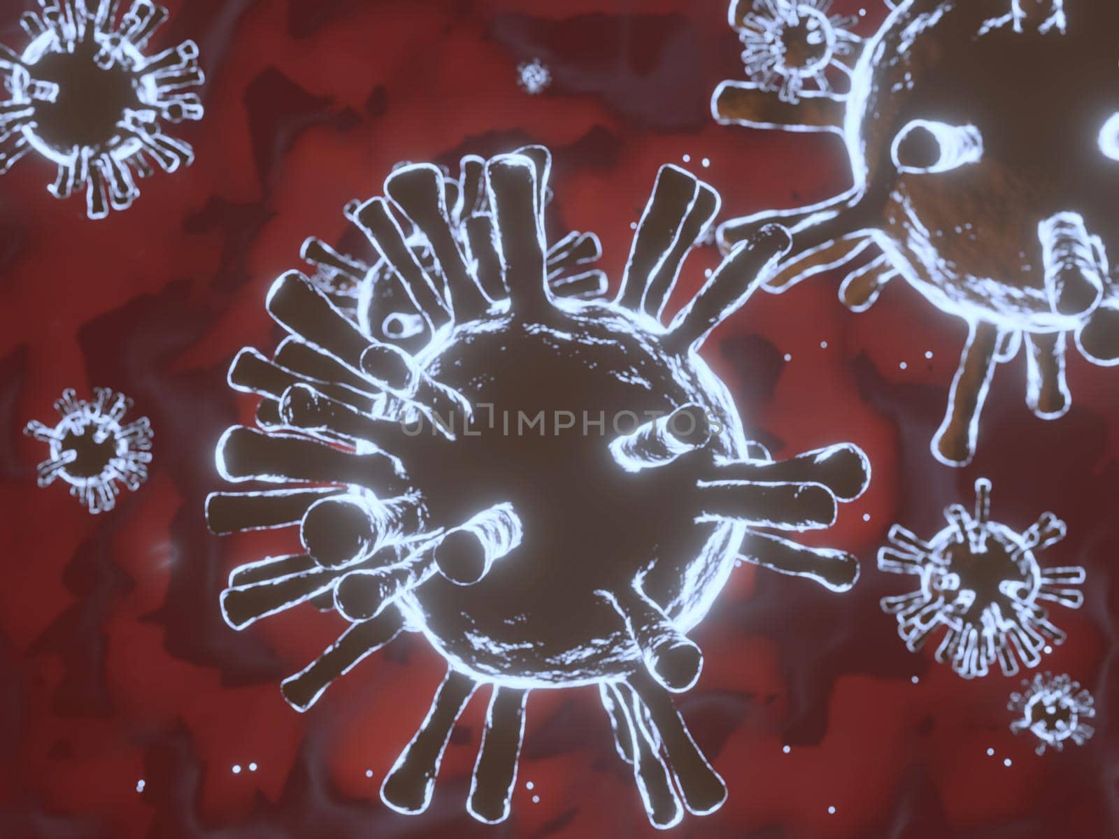 Abstract Corona Virus 19 Microscopic Particles Spreading research ideas for the coronavirus 2019 that is spreading heavily all over the world 3d rendering. by noppha80