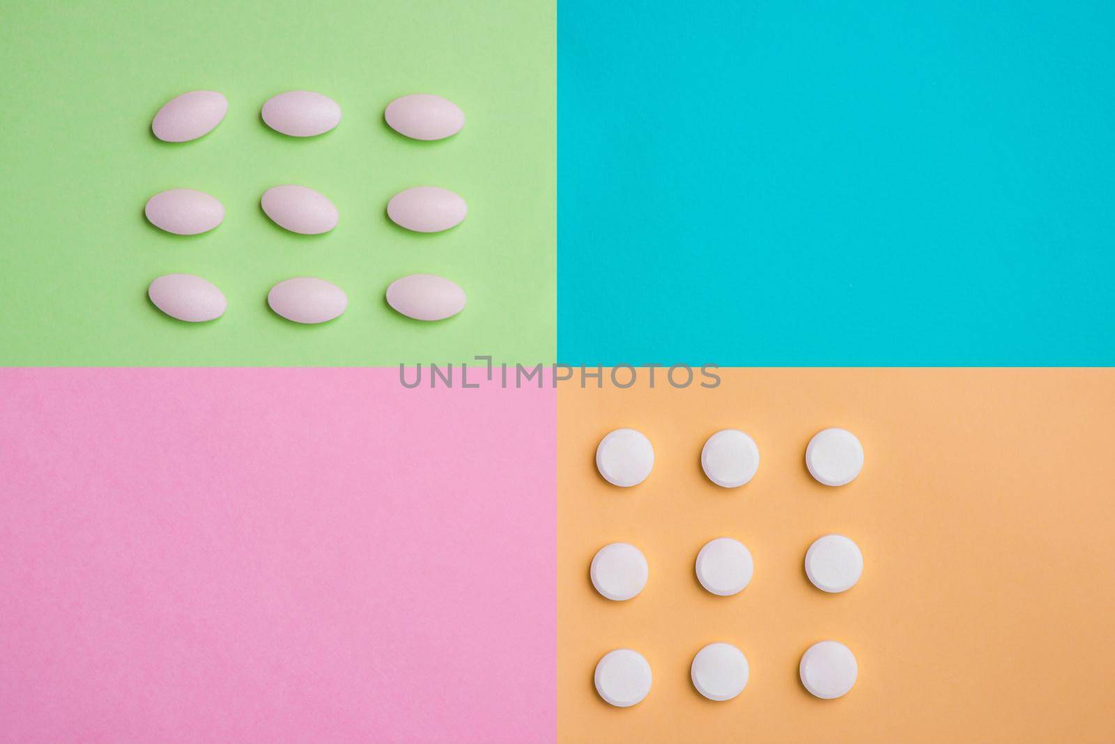 Medical concept. Pills medicine on colorful background.