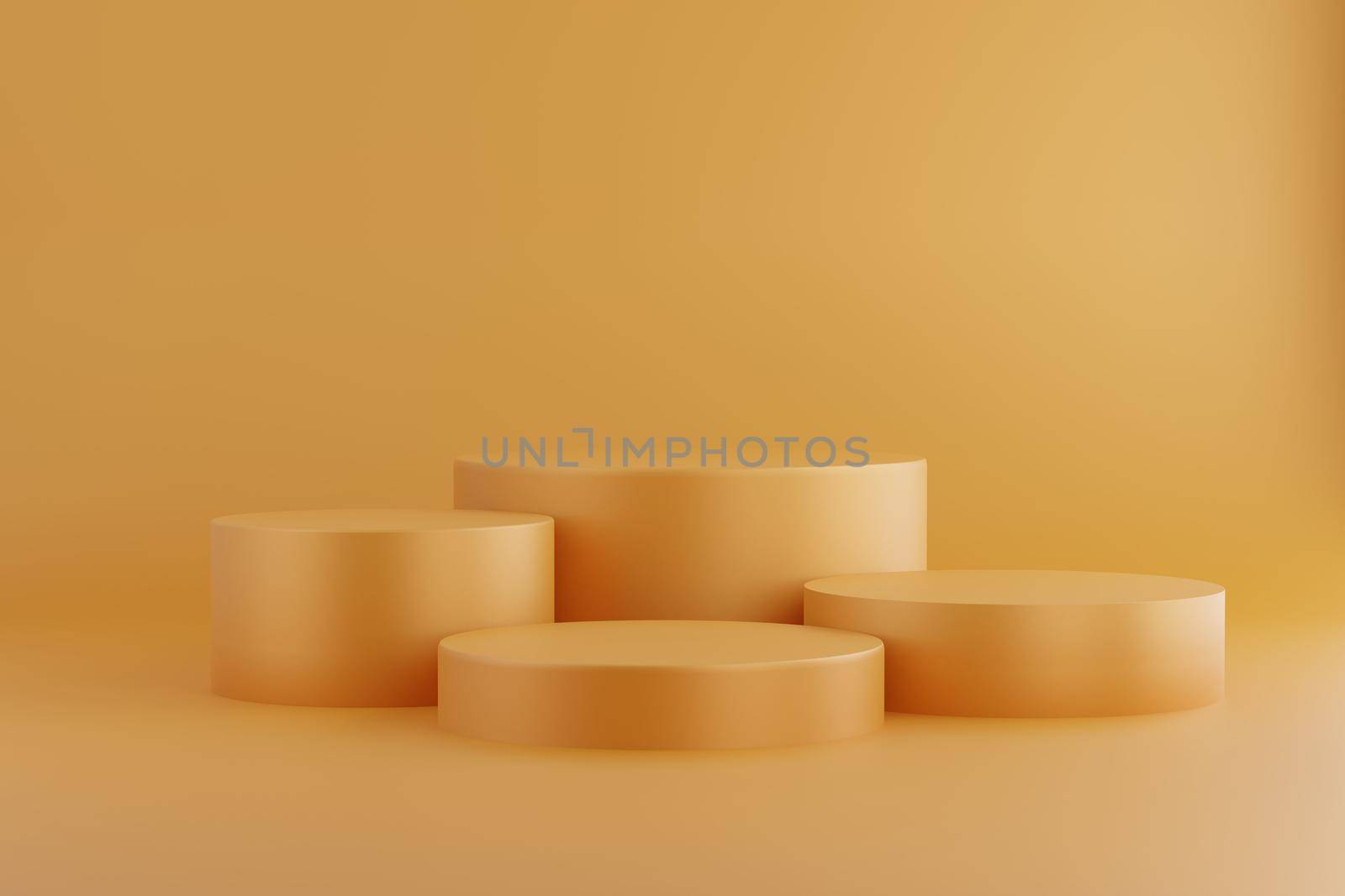 3d render of empty wellow stand step design for product display, 3 cylinders, abstract minimal concept, blank space, simple clean design, luxury minimalist mockup