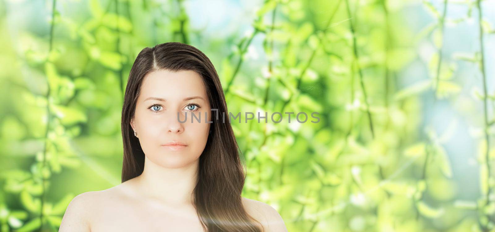Beauty portrait of young woman for natural skincare and cosmetic brand, spring nature on background as wellness, health and organic beauty concept by Anneleven