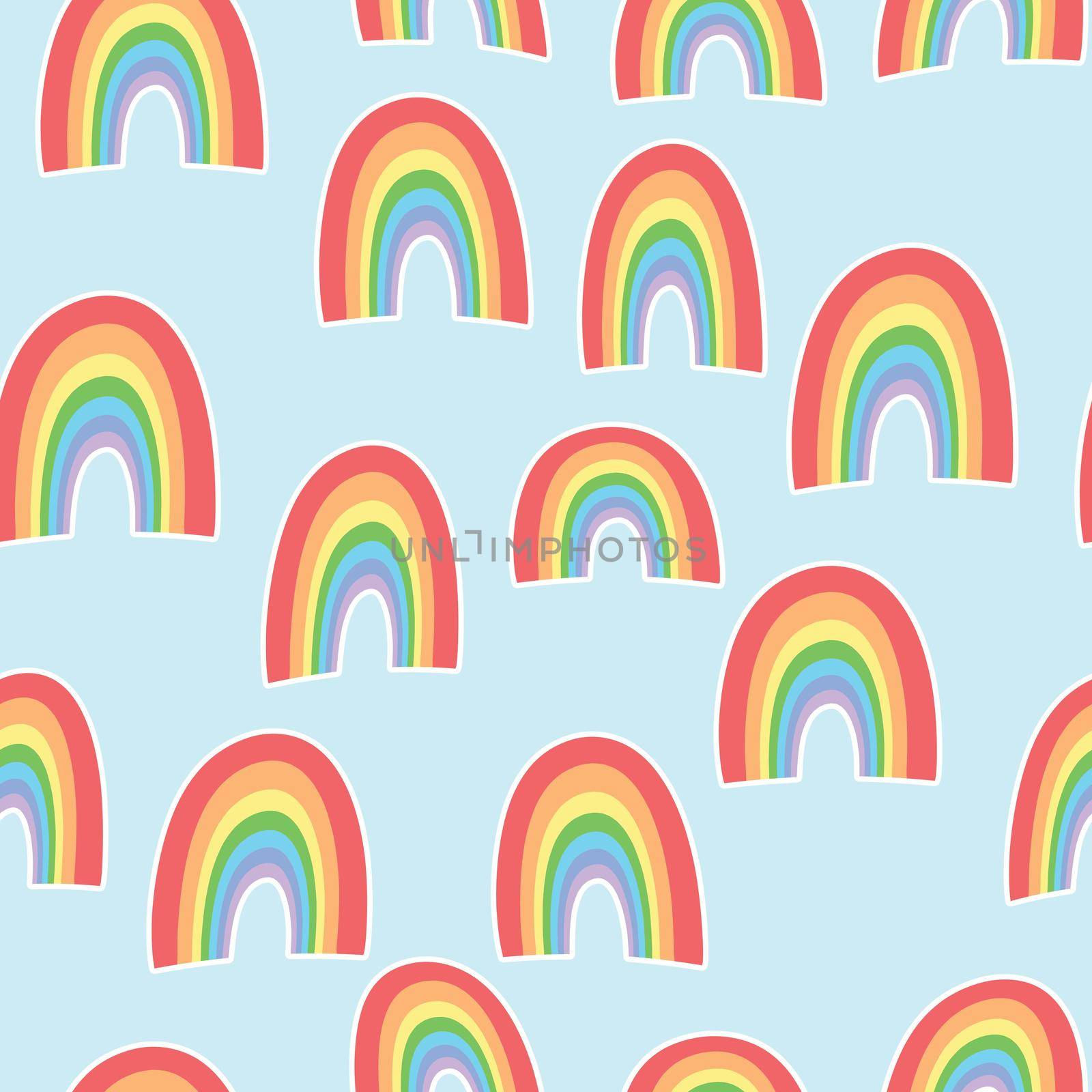 Trendy seamless pattern with colorful rainbow on color background. Design for invitation, poster, card, fabric, textile, fabric. Cute holiday illustration for baby. Doodle style.