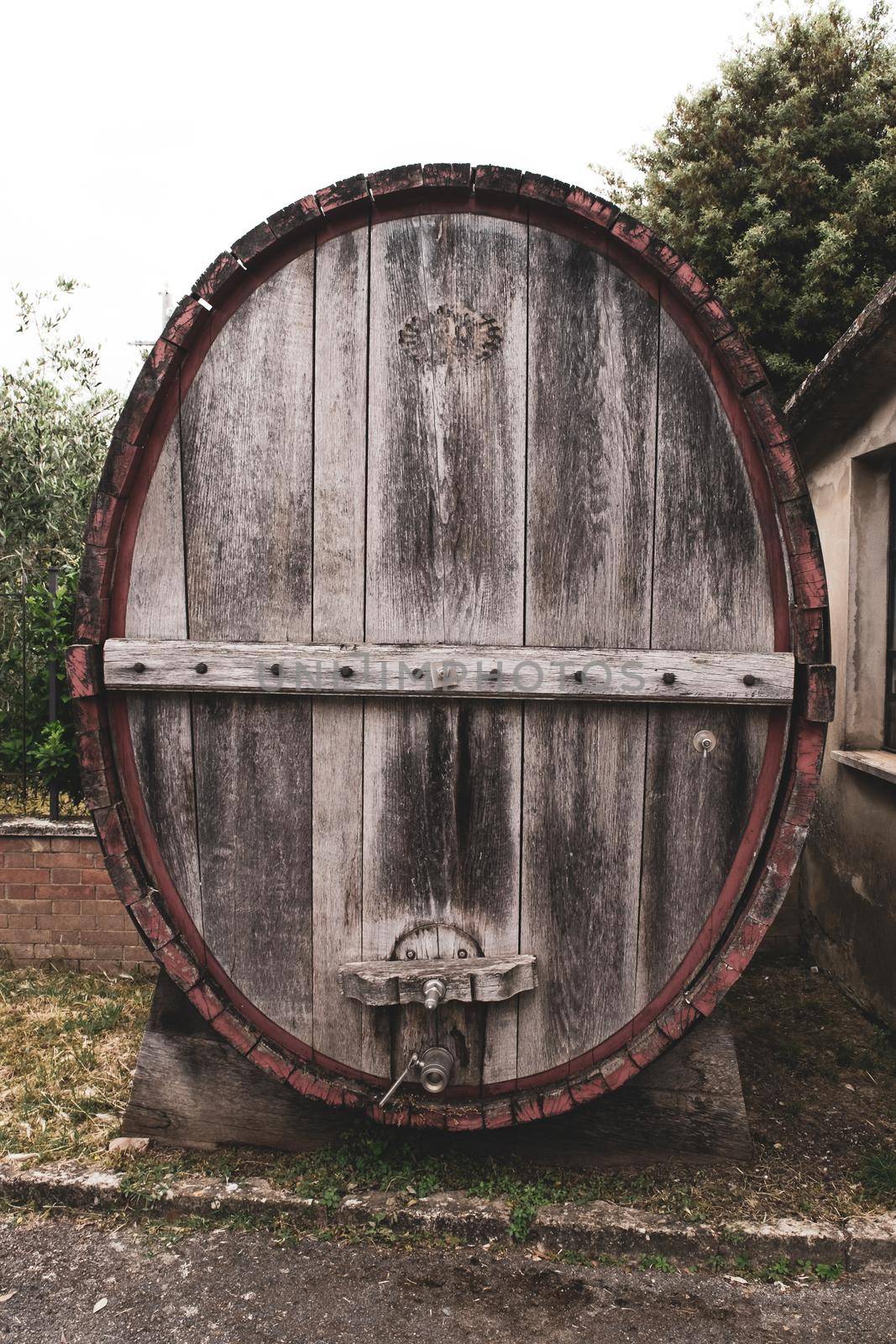 A close up of a huge wooden barrel for wine, Tuscany, Italy.