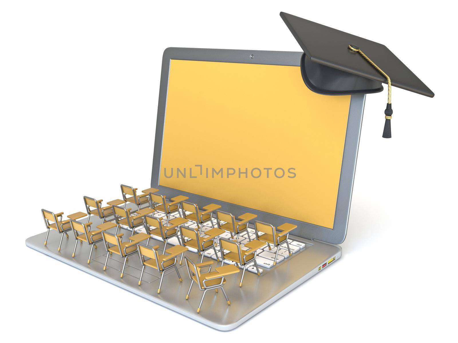 Classroom desks on the laptops keyboard 3D render illustration isolated on white background