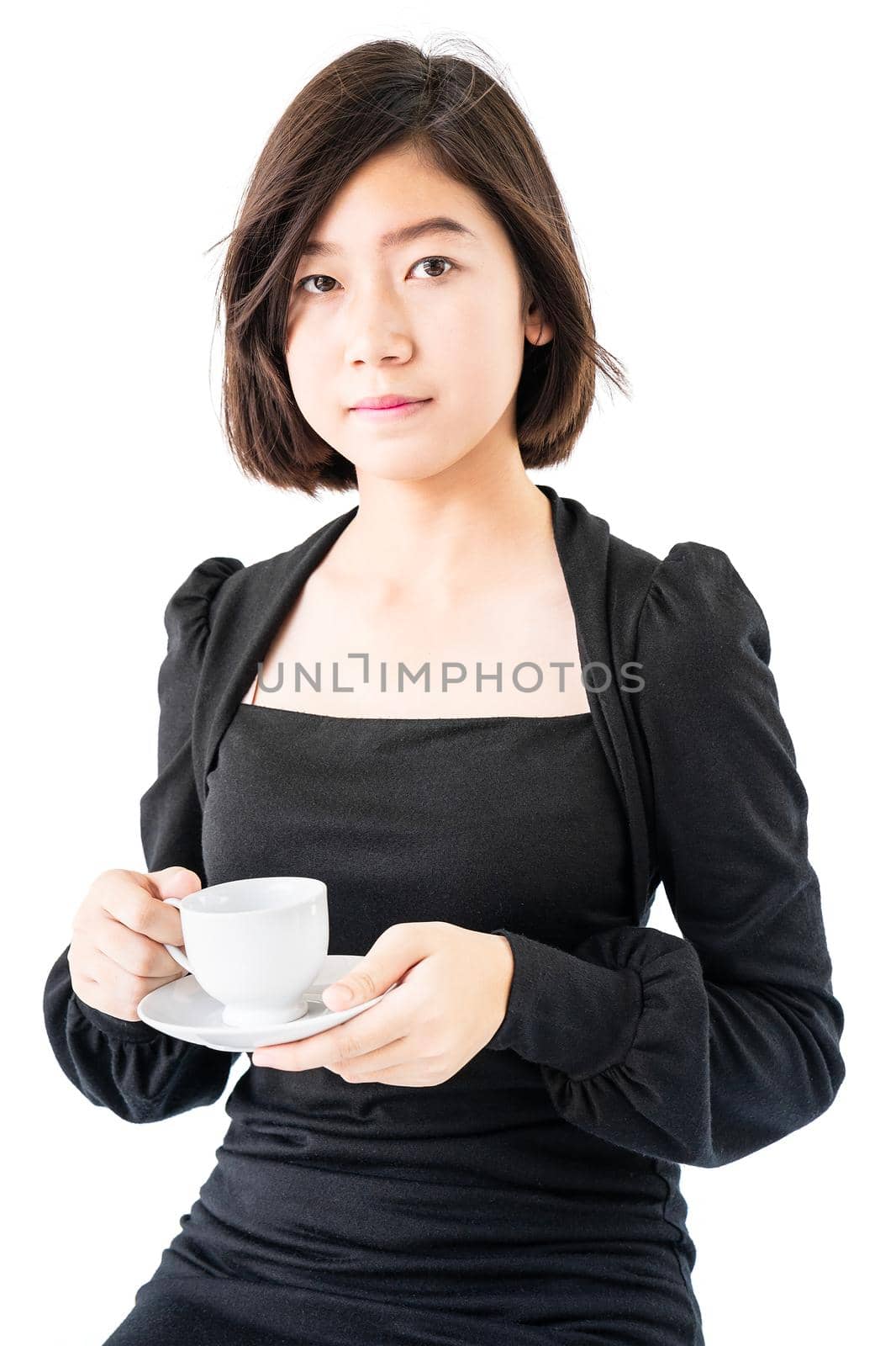 Woman holding coffee cup isolated on white  by stoonn