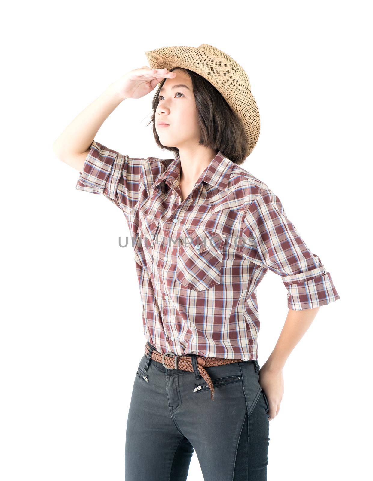 Young woman in a cowboy hat and plaid shirt by stoonn