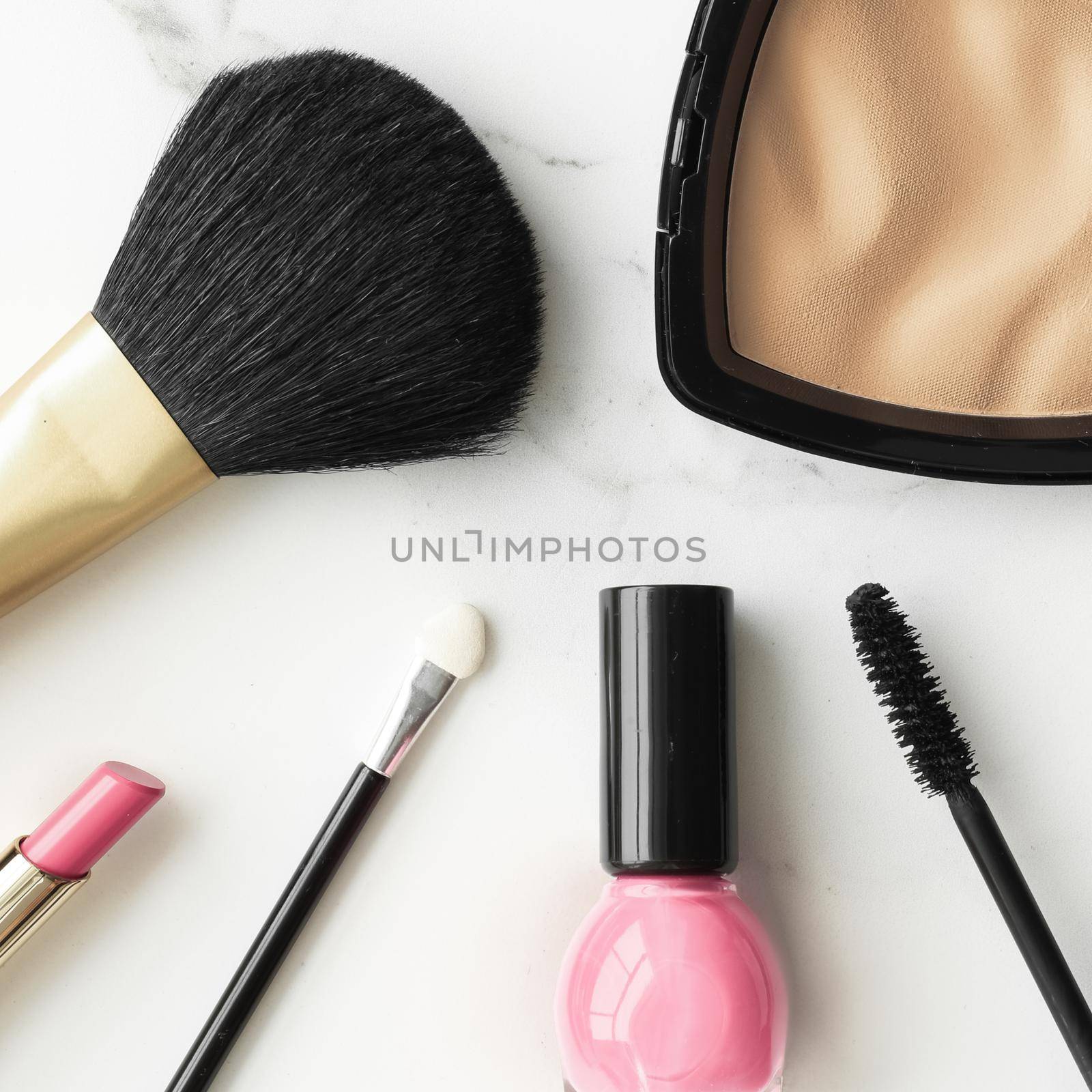 Make-up and cosmetics products on marble, flatlay background by Anneleven