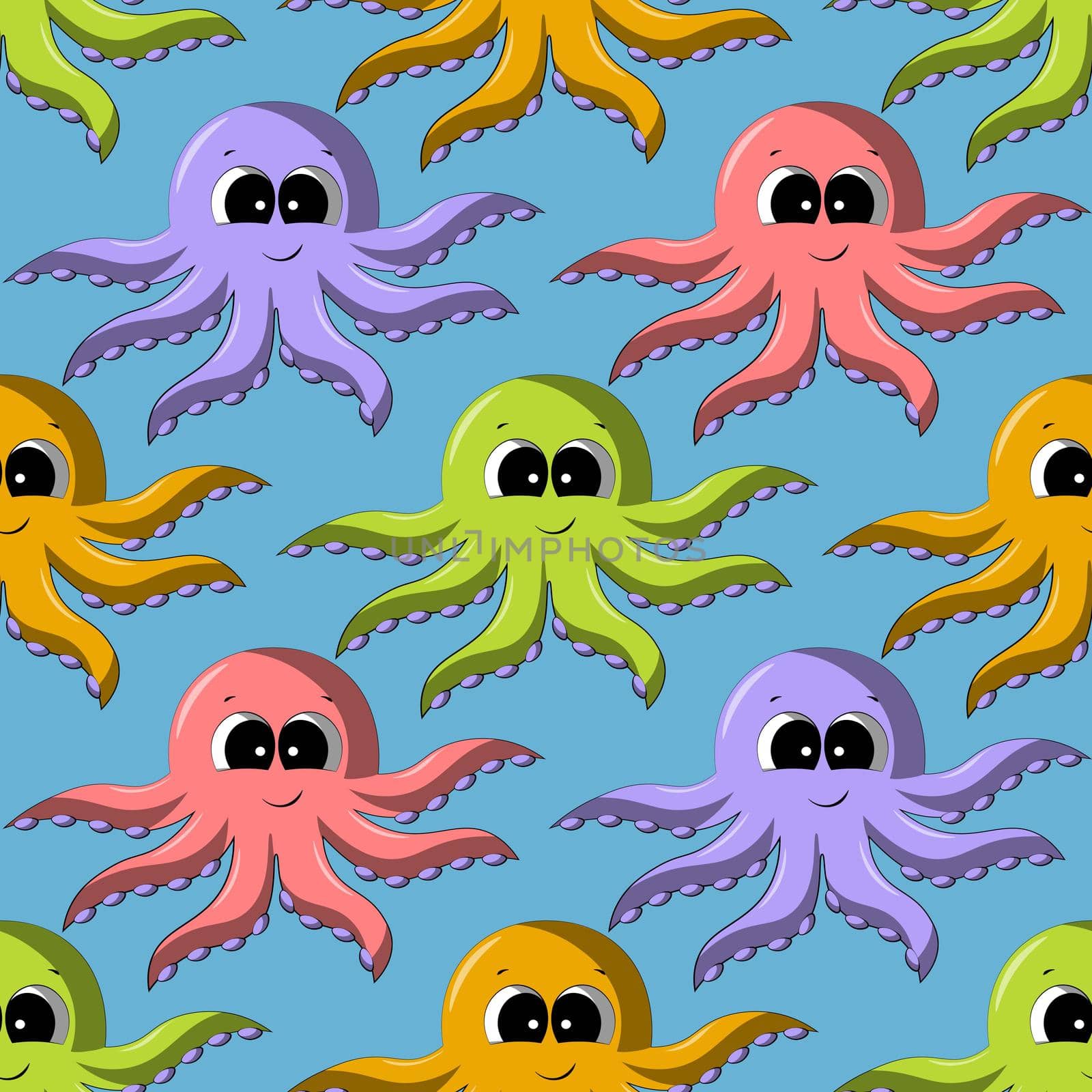 Seamless vector pattern with cute cartoon color octopus by AnastasiaPen