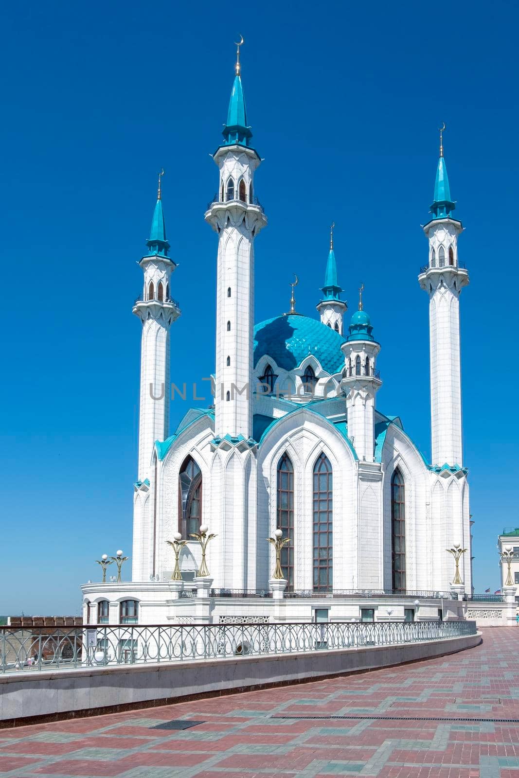 Kazan, Russia - May 19, 2021. View of the main cathedral juma mosque of Tatarstan and the city of Kazan Kul Sharif in the Kazan Kremlin. Selective focus.