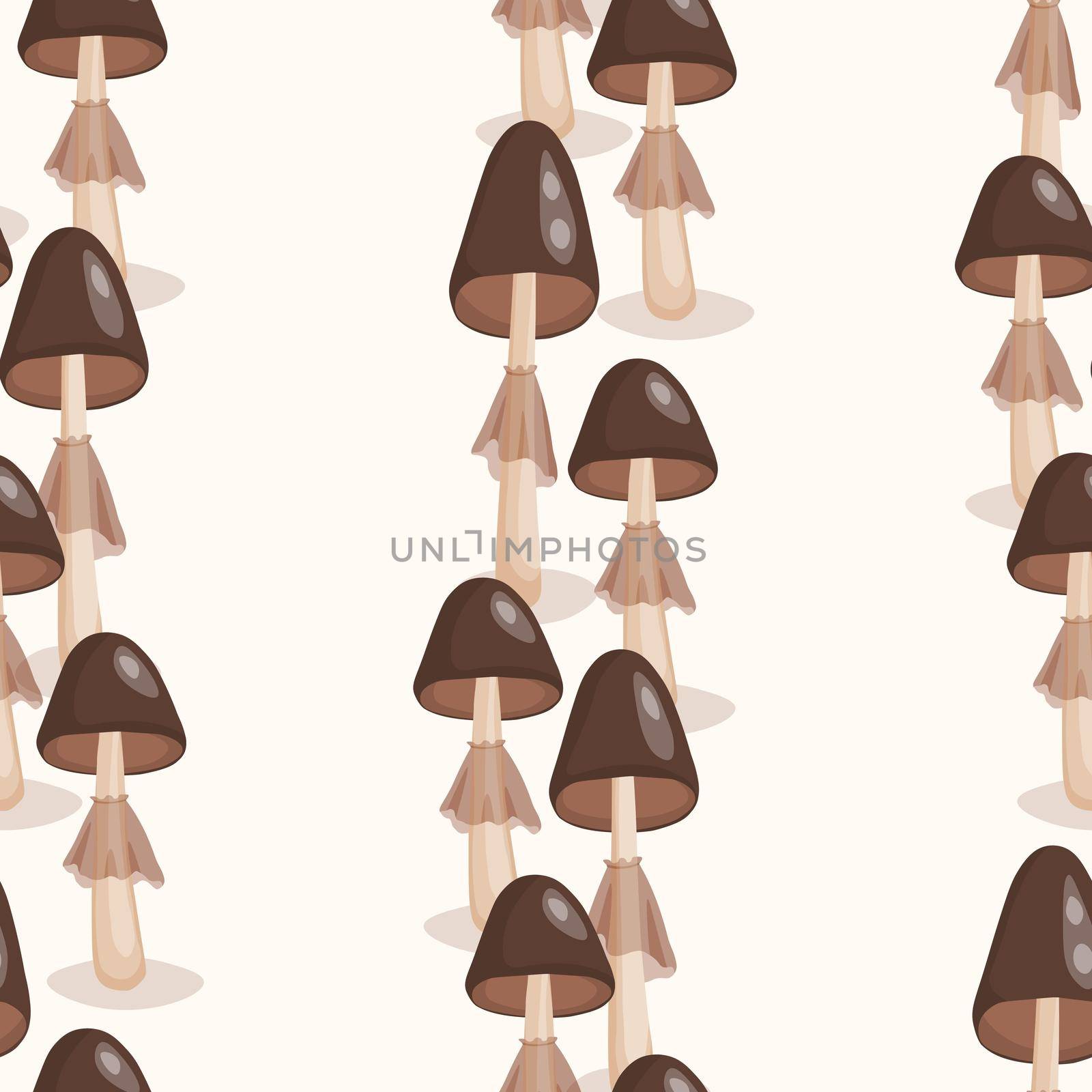 Seamless pattern with mushrooms on white background. Cute fairy mushroom. Modern vector illustration for packaging, banner, card, fabric, other design. Food concept by allaku