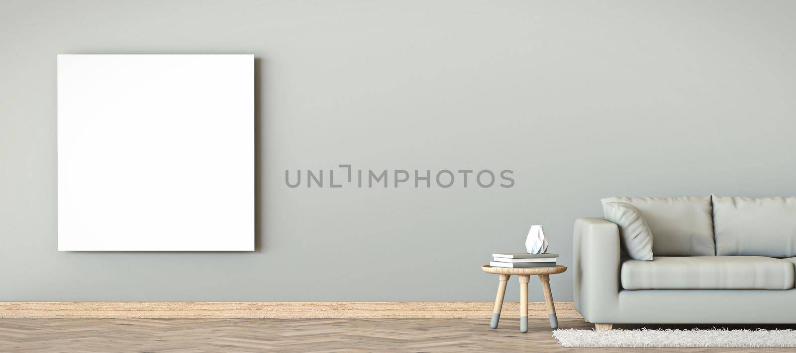Mock up blank square picture frame with side table and beige sofa 3D render illustration