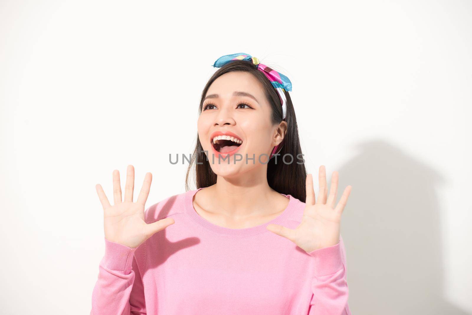 excited happy girl woman expression, amazed woman, surprised asian woman looking, casual girl portrait studio white background isolated, excited happy people concept, beautiful girl asian woman model