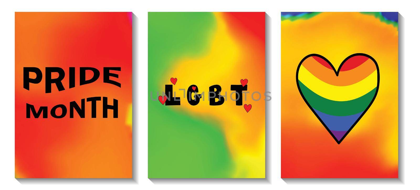 Gay pride month poster collection, banner. Lettering LGBT, hearts. Set of LGBT icons. Template design, vector illustration. Love wins. Geometric shapes in the colors on the rainbow. Colorful symbols by allaku