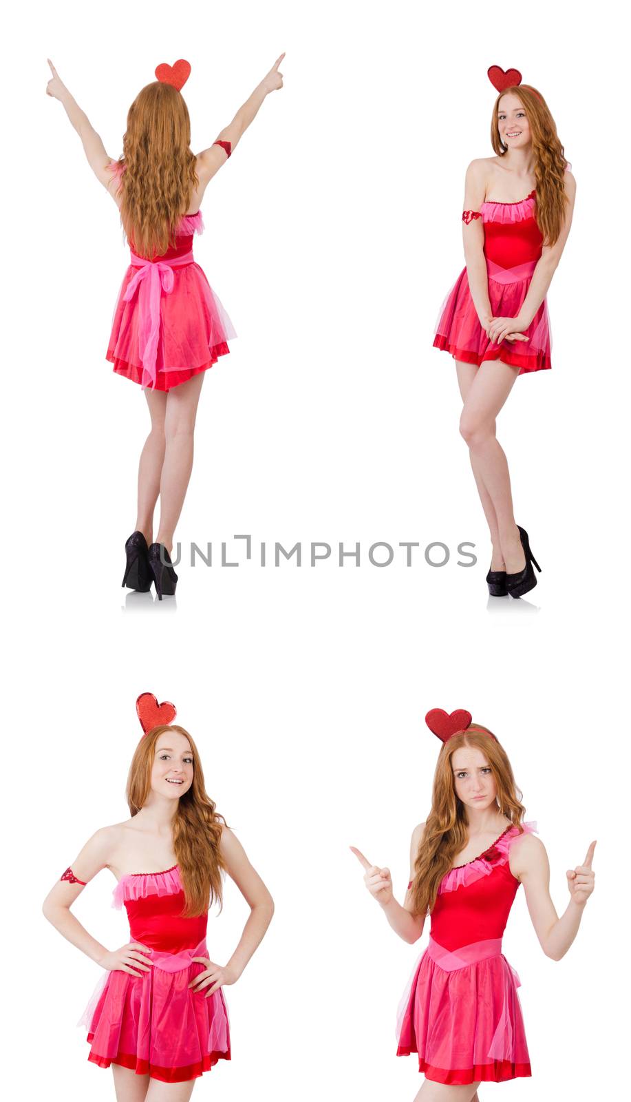 Pretty young model in mini pink dress isolated on white