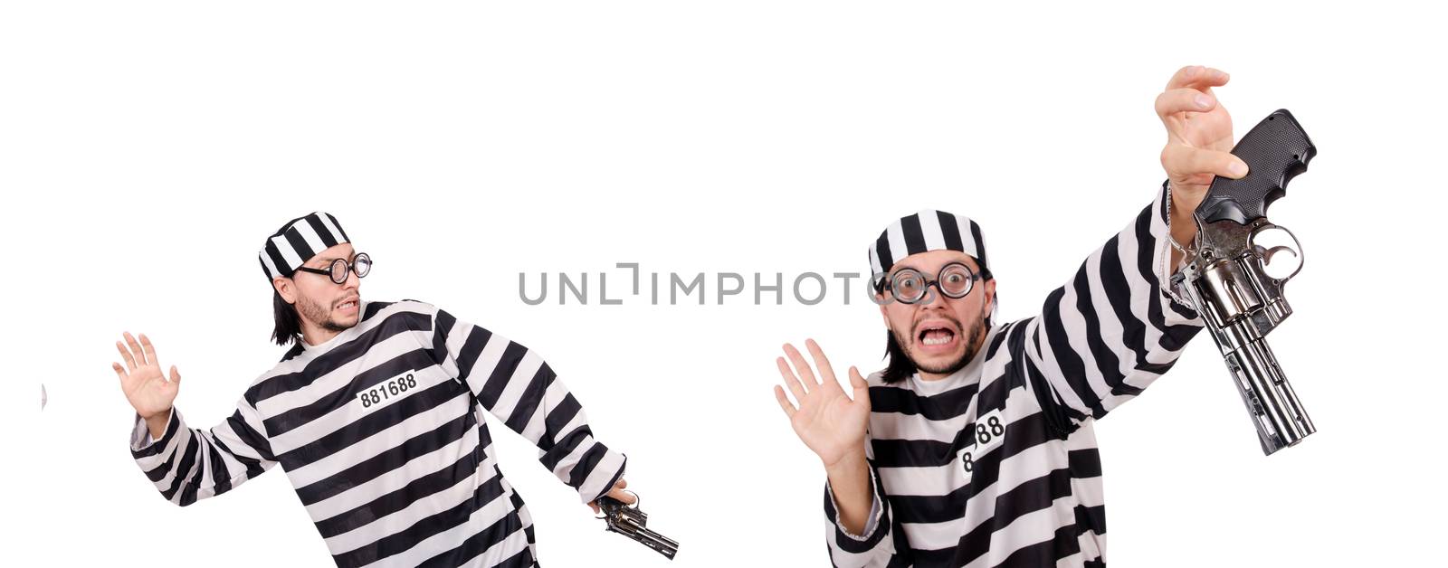 Prison inmate with gun isolated on white