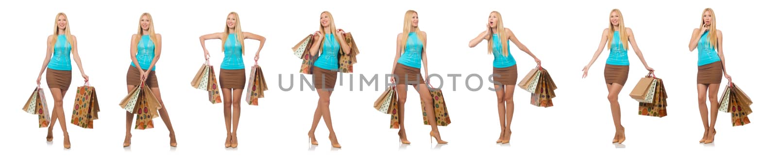 Woman with shopping bags isolated on white