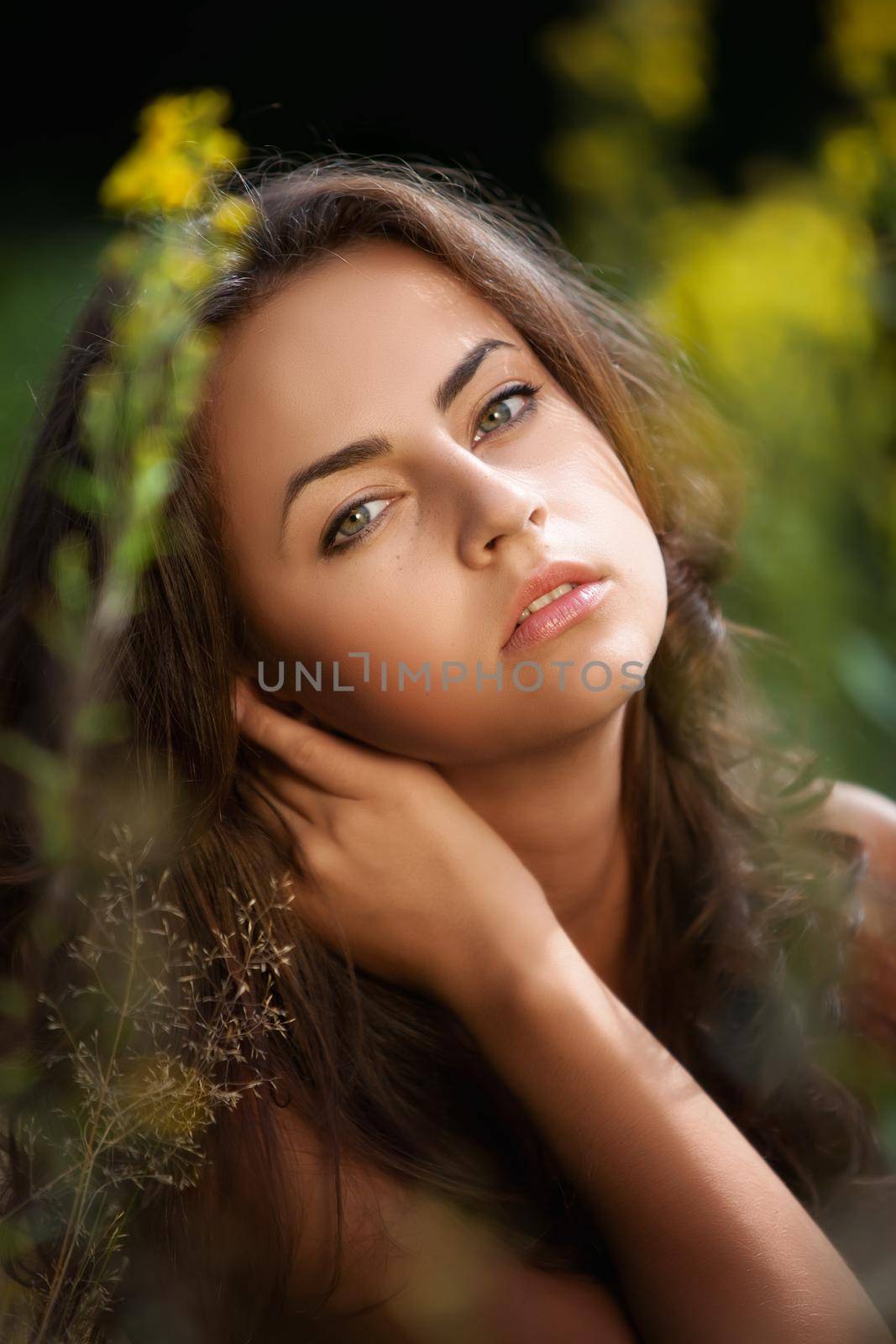 Soft portrait of a young woman on flowers field blured background