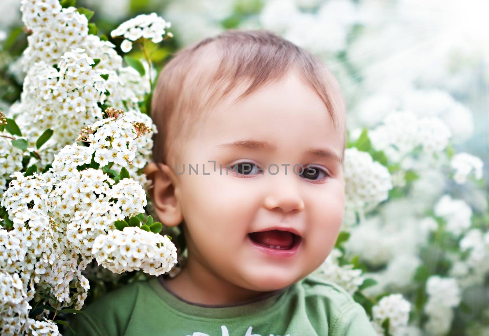 A little boy in the spring among the flowers