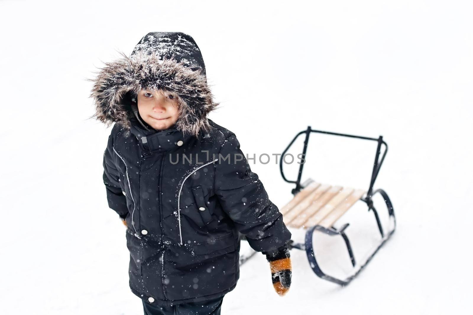 Young boy in winter suit pulling sledges by palinchak