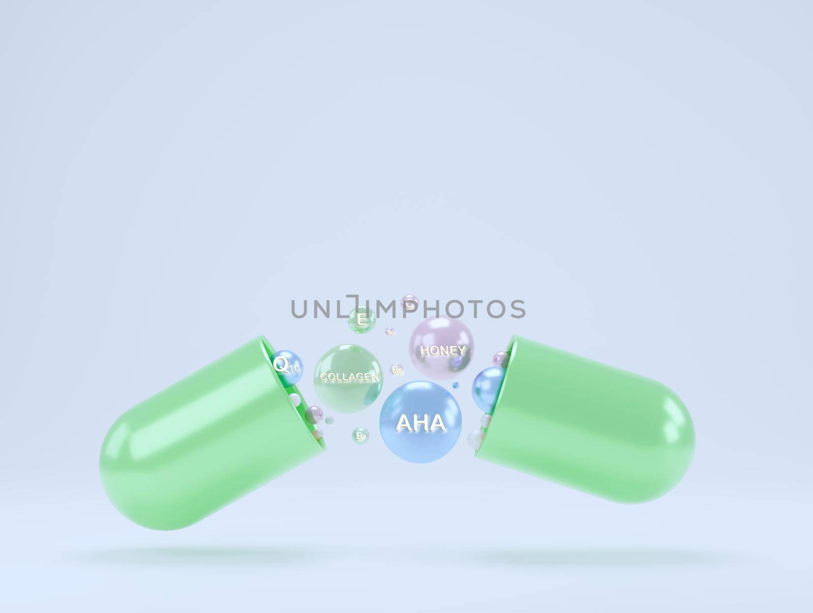 Abstract blue capsule supplement with dispersed particles rich in collagen, vitamin E, and natural extracts. food supplement brand concept white isolated background with copy space 3d rendering. by noppha80