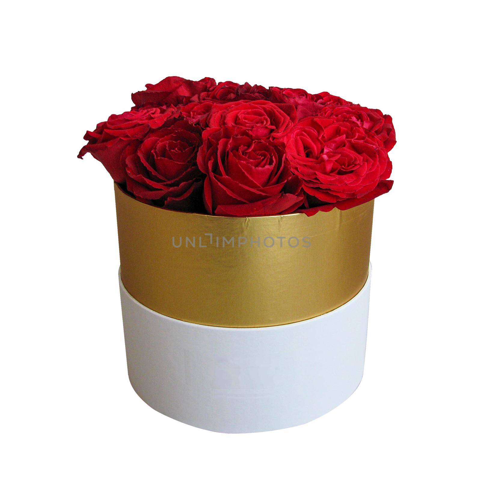 Romantic luxury red roses bouquet in a white and gold round gift box isolated on white background.