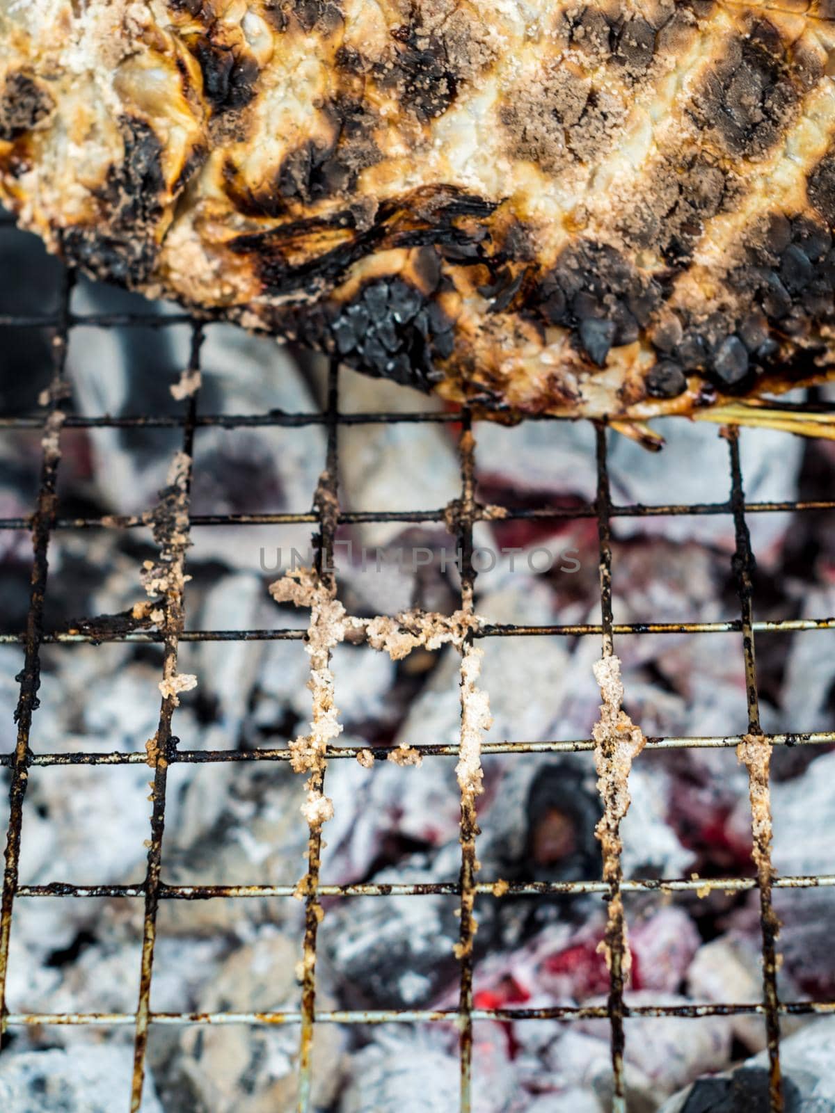 Skin of fish grilled on hot charcoal until black and scorched