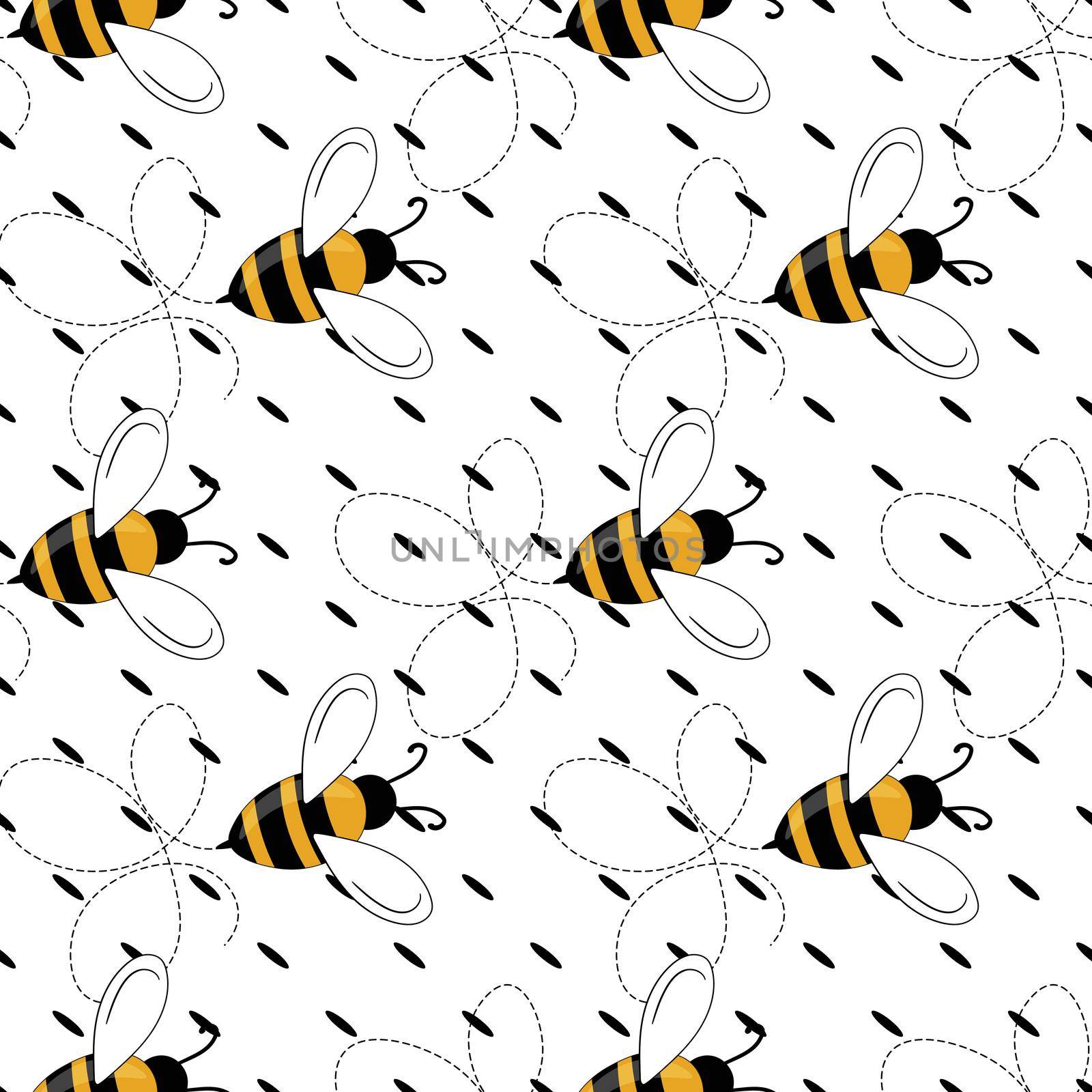 Seamless pattern with bees on white polka dots background. Small wasp. Vector illustration. Adorable cartoon character. Template design for invitation, cards, textile, fabric. Doodle style.