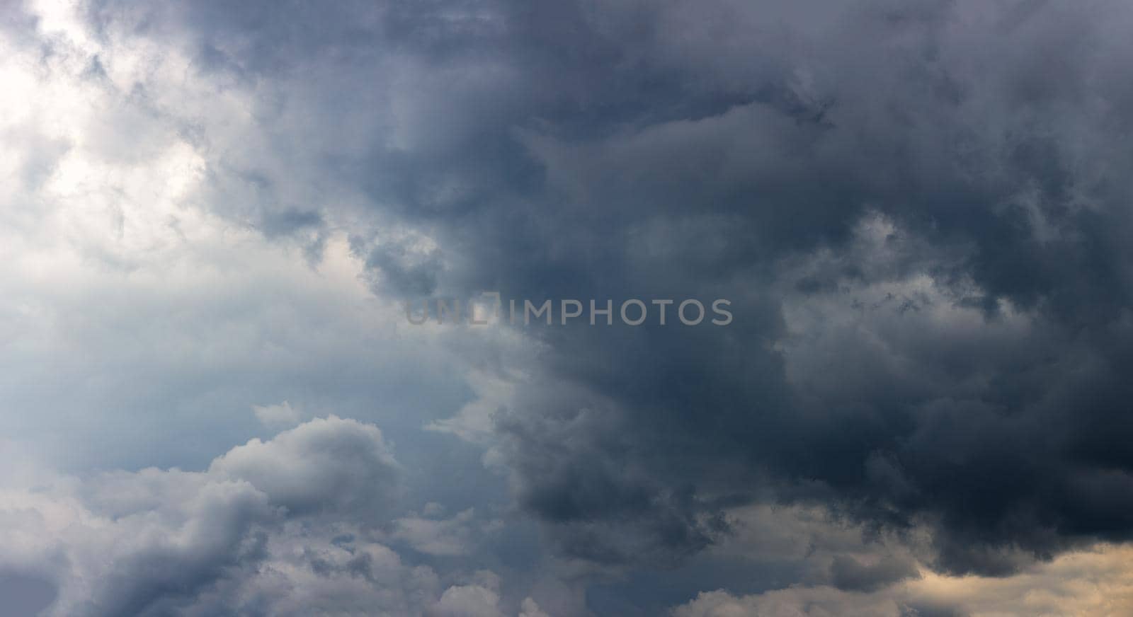 full frame panoramic summer storm clouds background, view from ground surface