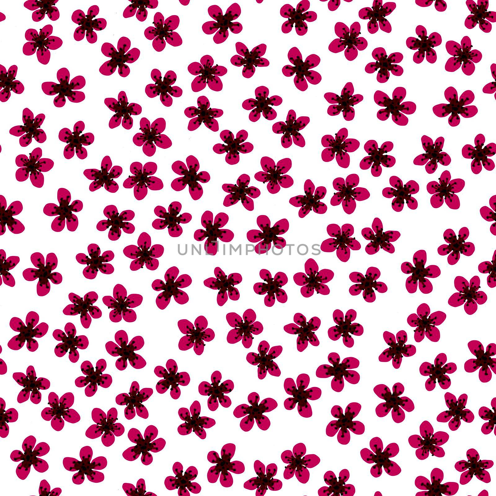 Seamless pattern with blossoming Japanese cherry sakura for fabric, packaging, wallpaper, textile decor, design, invitations, print, gift wrap, manufacturing. Fuchsia flowers on white background. by Angelsmoon