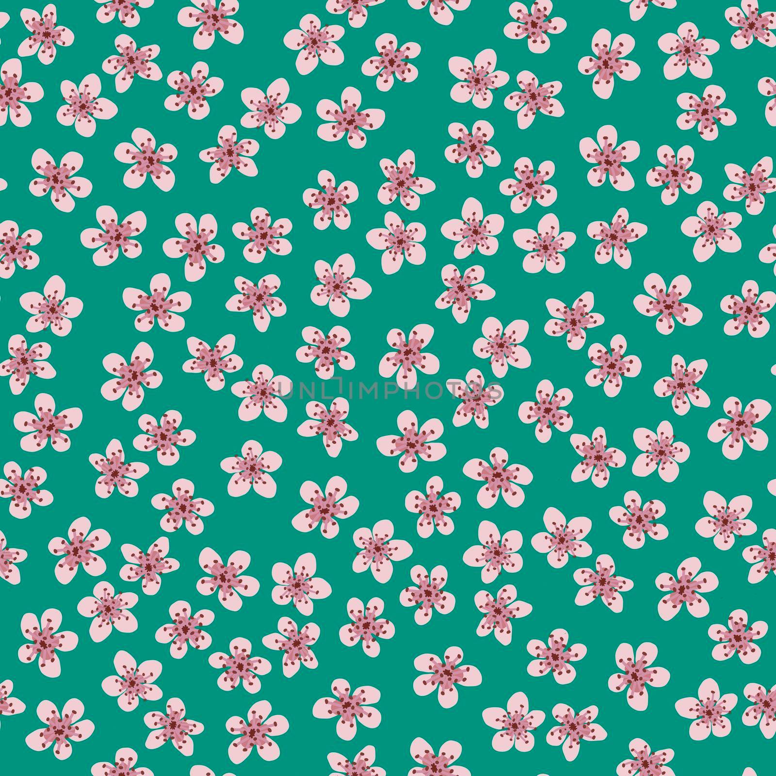 Seamless pattern with blossoming Japanese cherry sakura for fabric, packaging, wallpaper, textile decor, design, invitations, print, gift wrap, manufacturing. Pink flowers on sea green background. by Angelsmoon