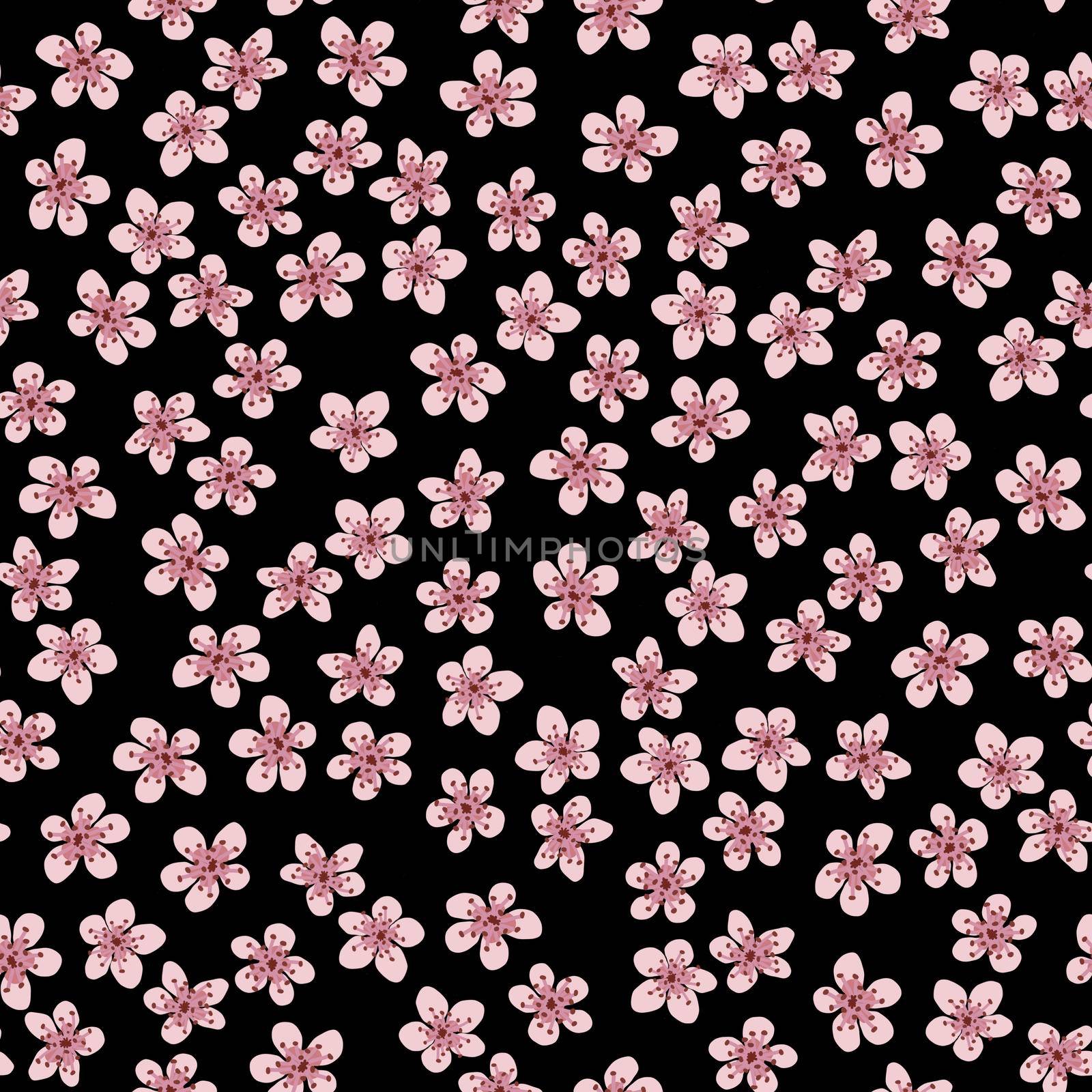 Seamless pattern with blossoming Japanese cherry sakura for fabric, packaging, wallpaper, textile decor, design, invitations, print, gift wrap, manufacturing. Pink flowers on black background. by Angelsmoon