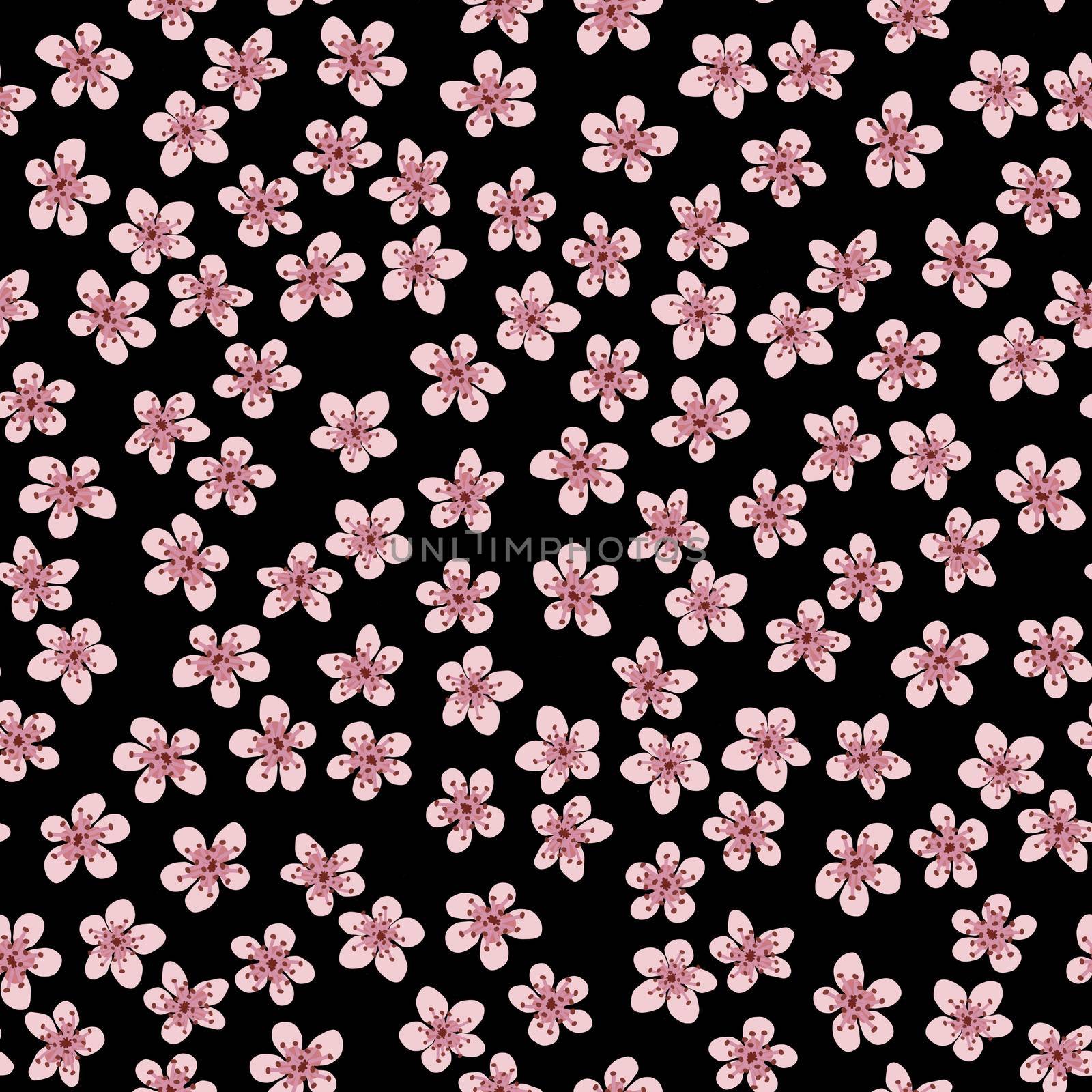 Seamless pattern with blossoming Japanese cherry sakura for fabric, packaging, wallpaper, textile decor, design, invitations, print, gift wrap, manufacturing. Pink flowers on black background