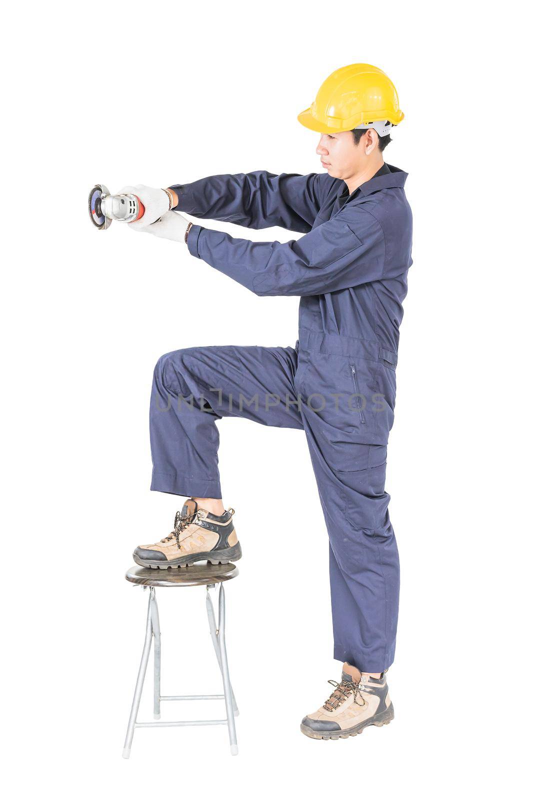 Man in uniform hold grinder, Cutout isolated on white by stoonn