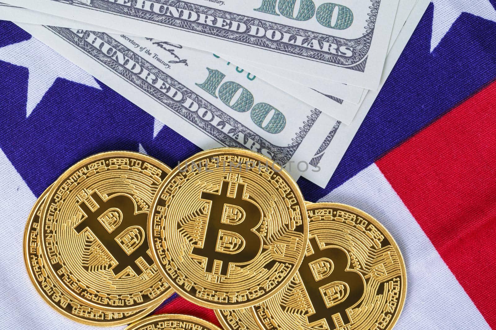 Bitcoin coin and banknote on usa flag  by stoonn