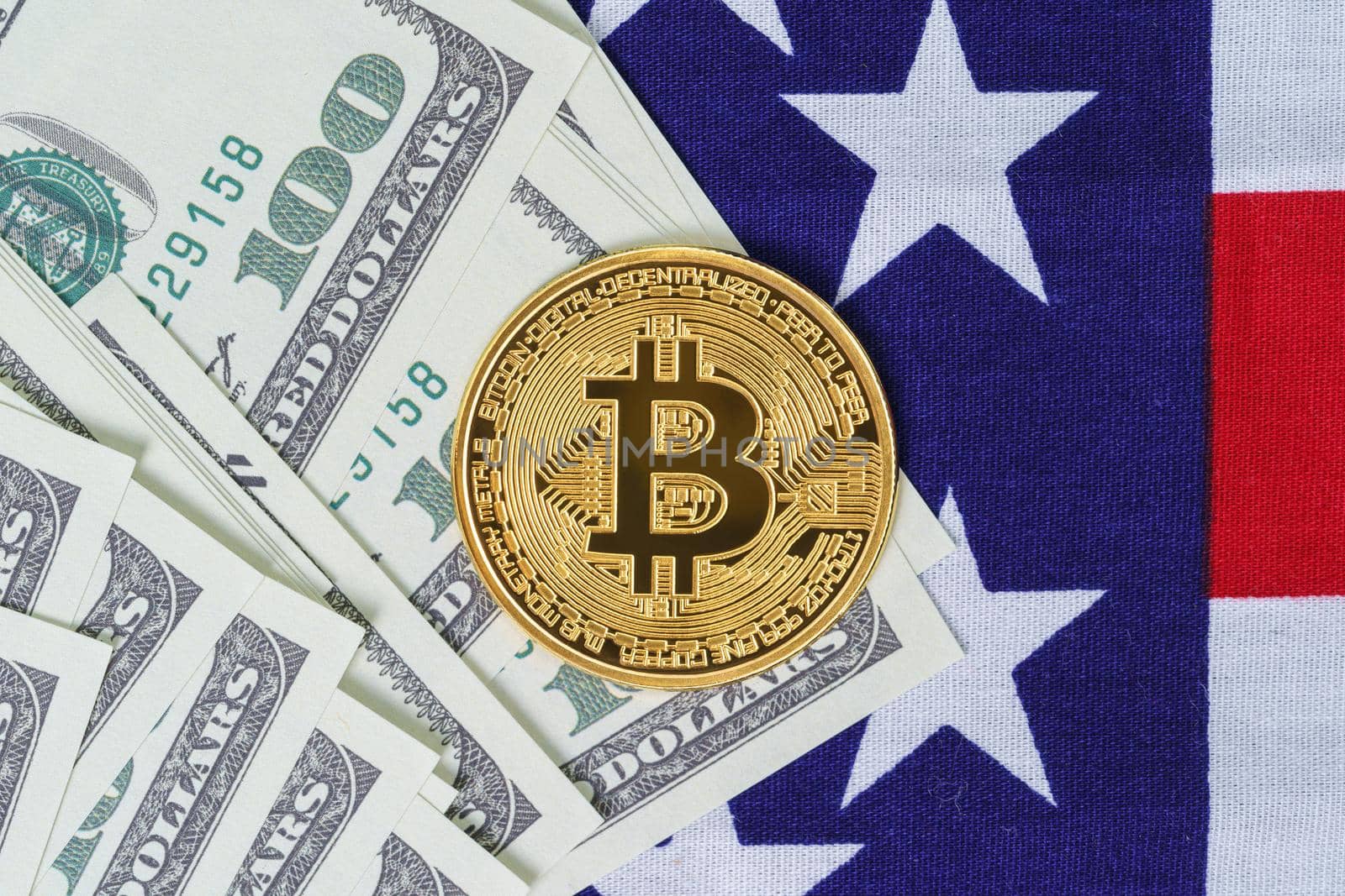 Bitcoin coin and banknote on usa flag  by stoonn