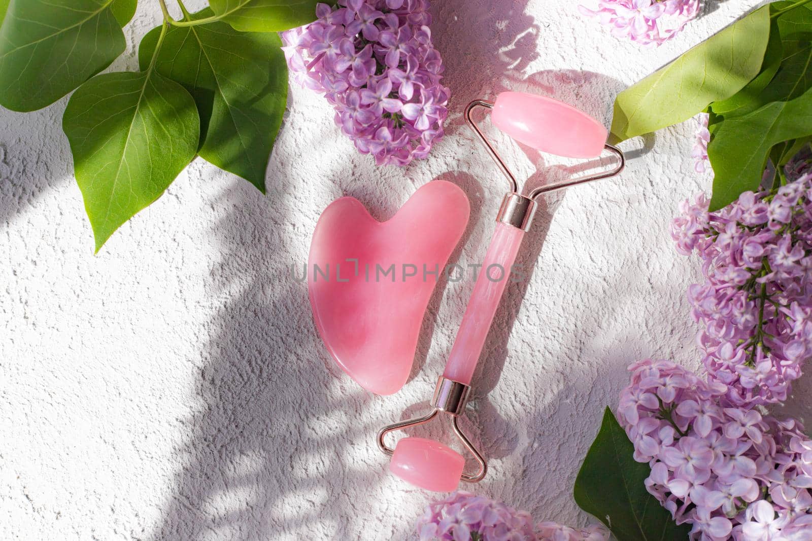 Roller face massager and lilac on a white background . Facial care. Skin care. Cosmetology. Massage. Lilac bush. Copy space