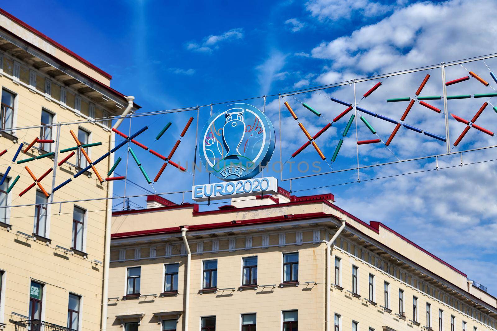 Saint Petersburg, Russia - February 10, 2021: Emblem of the Euro 2020 championship hangs over Nevsky Prospekt in Petersburg