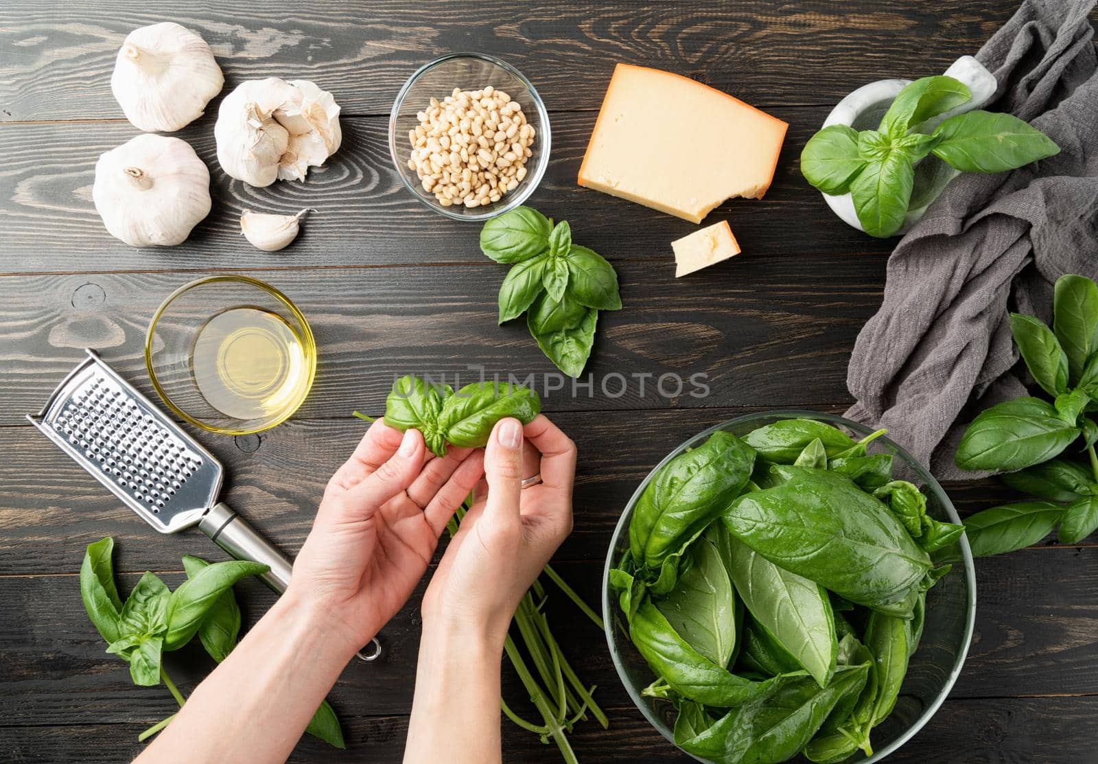 Italian Cuisine. Step by step cooking italian pesto sauce. Step 2 - separating basil leaves from stems