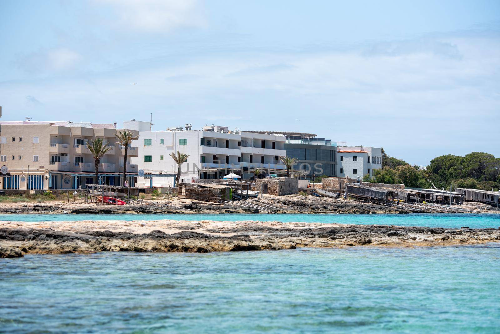 View on the beach of Es Pujols in Formentera in summer 2021.