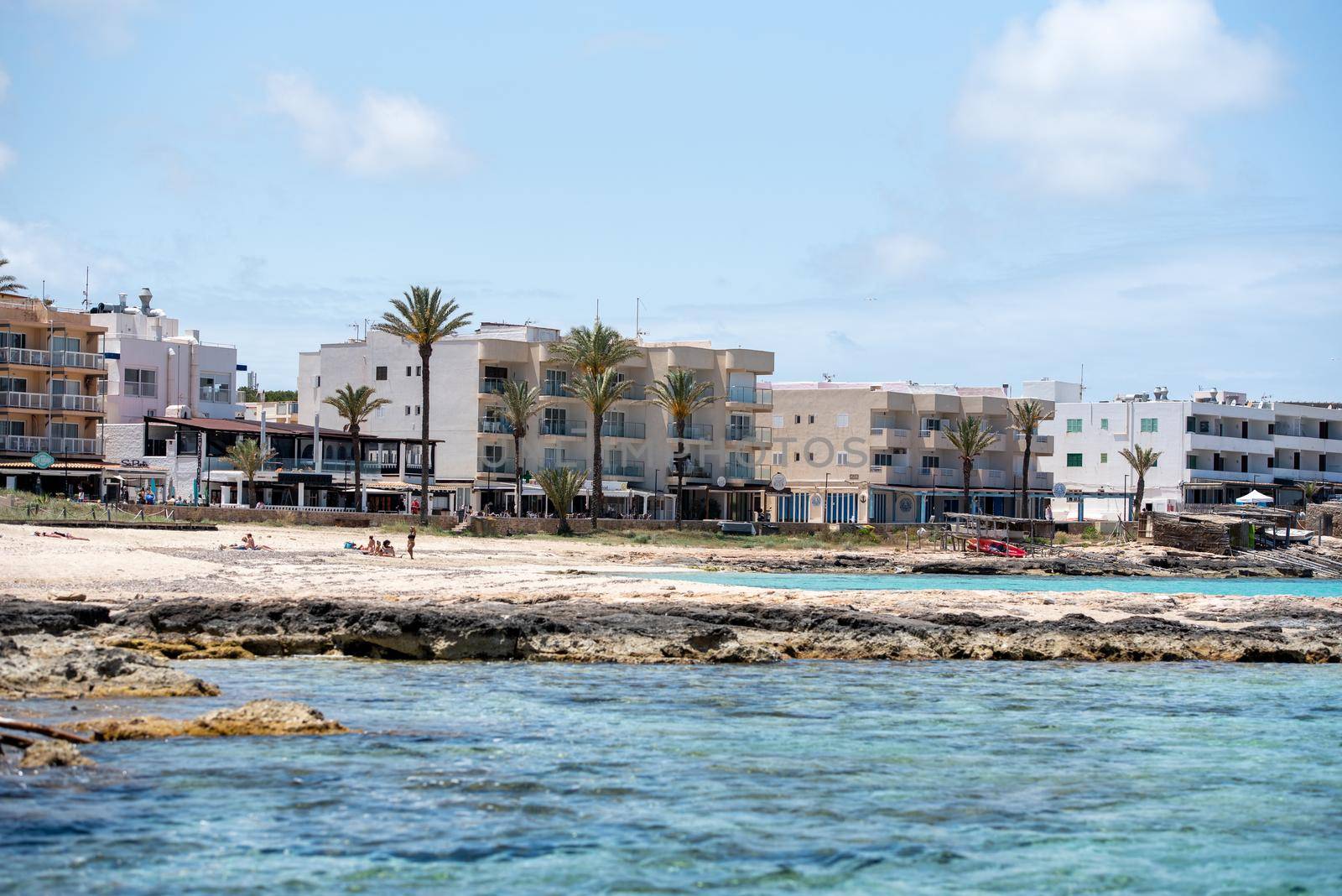 View on the beach of Es Pujols in Formentera in summer 2021.