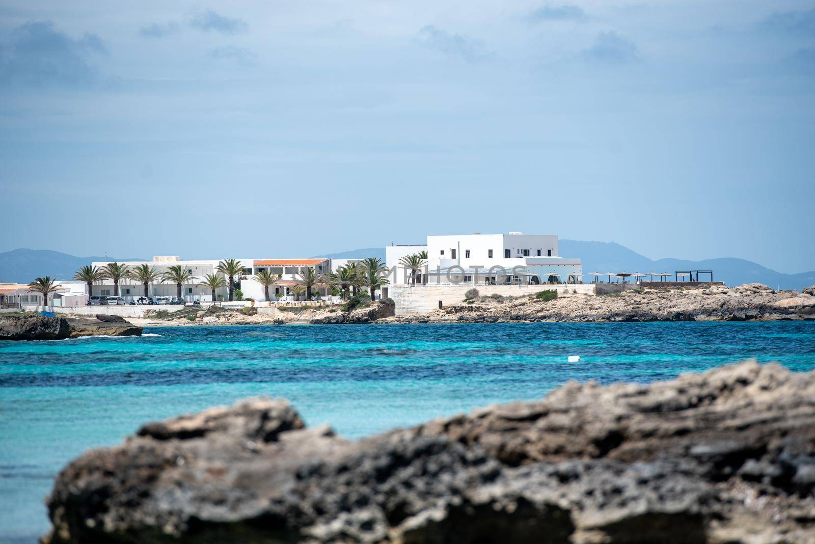 View on the beach of Es Pujols in Formentera in summer 2021.