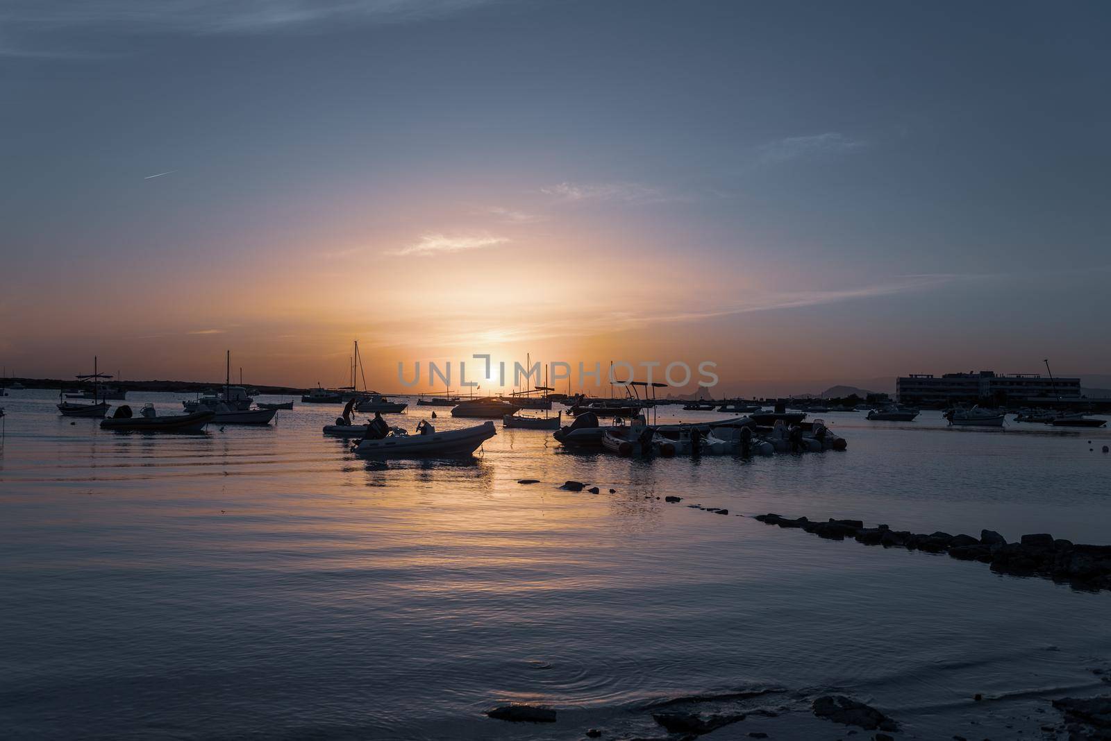 Sunset in the Estany d Es Peix in Formentera, Spain.