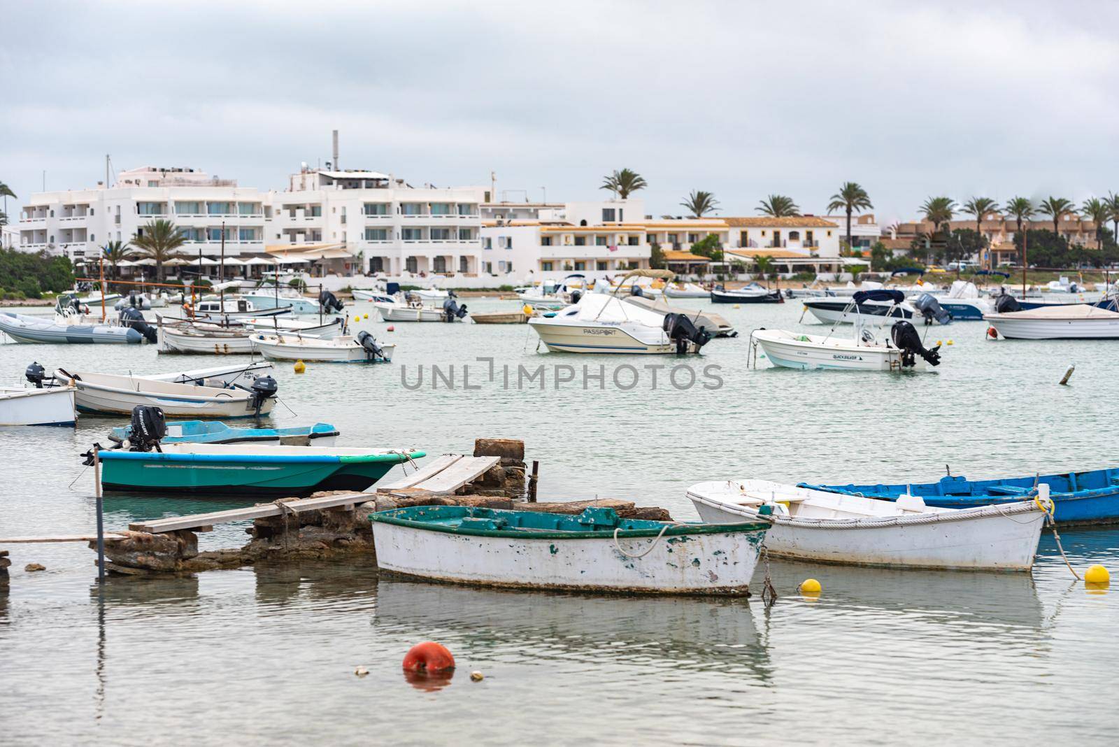 Formentera, Spain: 2021 June 8 : Boats in the port of La Savina in Formentera summer 2021.