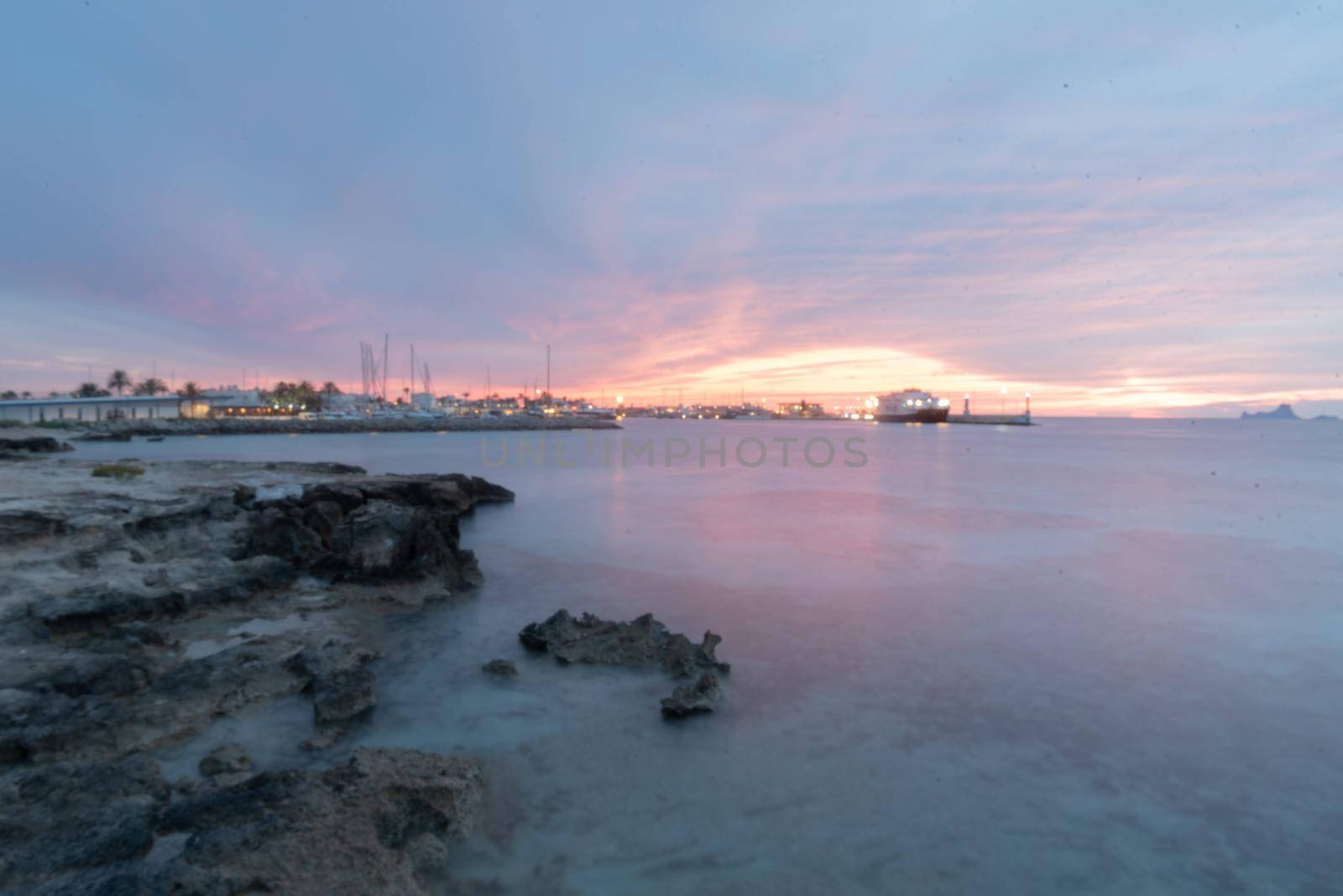 Port of La Sabina on the Island of Formentera in summer 2021 with Es Vedra behind.