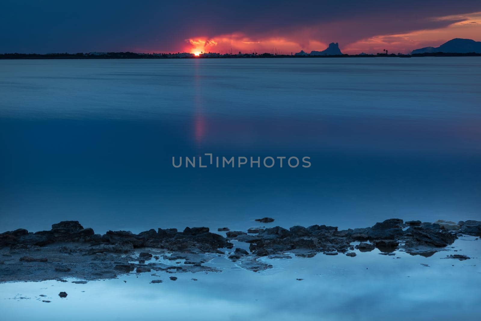 Sunset at the Estany Pudent in the Ses Salines Natural Park in Formentera, Spain.
